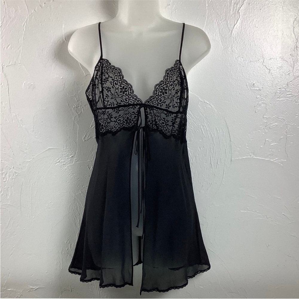 Vintage Victoria’s Secret Y2K lace sheer open front Black babydoll SZ M EUC